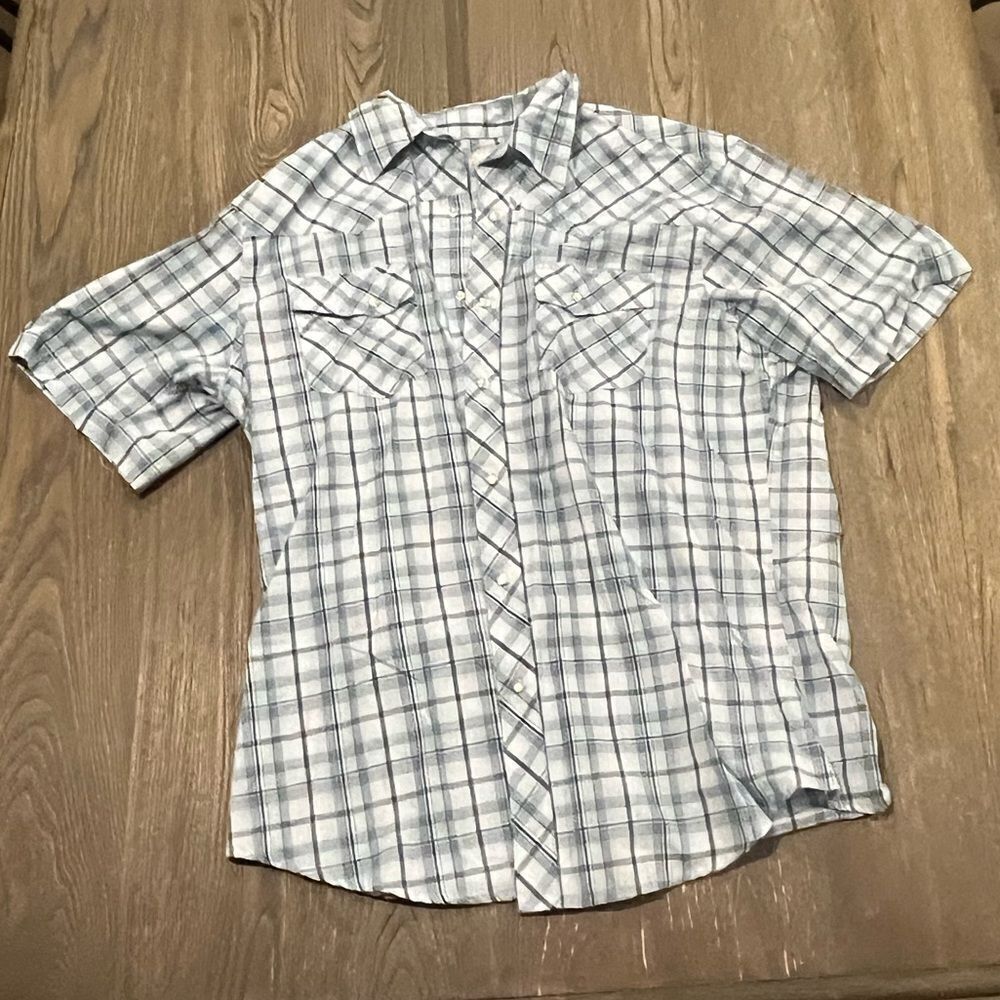 Wrangler Blue Plaid Short Sleeve Button Front Collared Shirt Size L